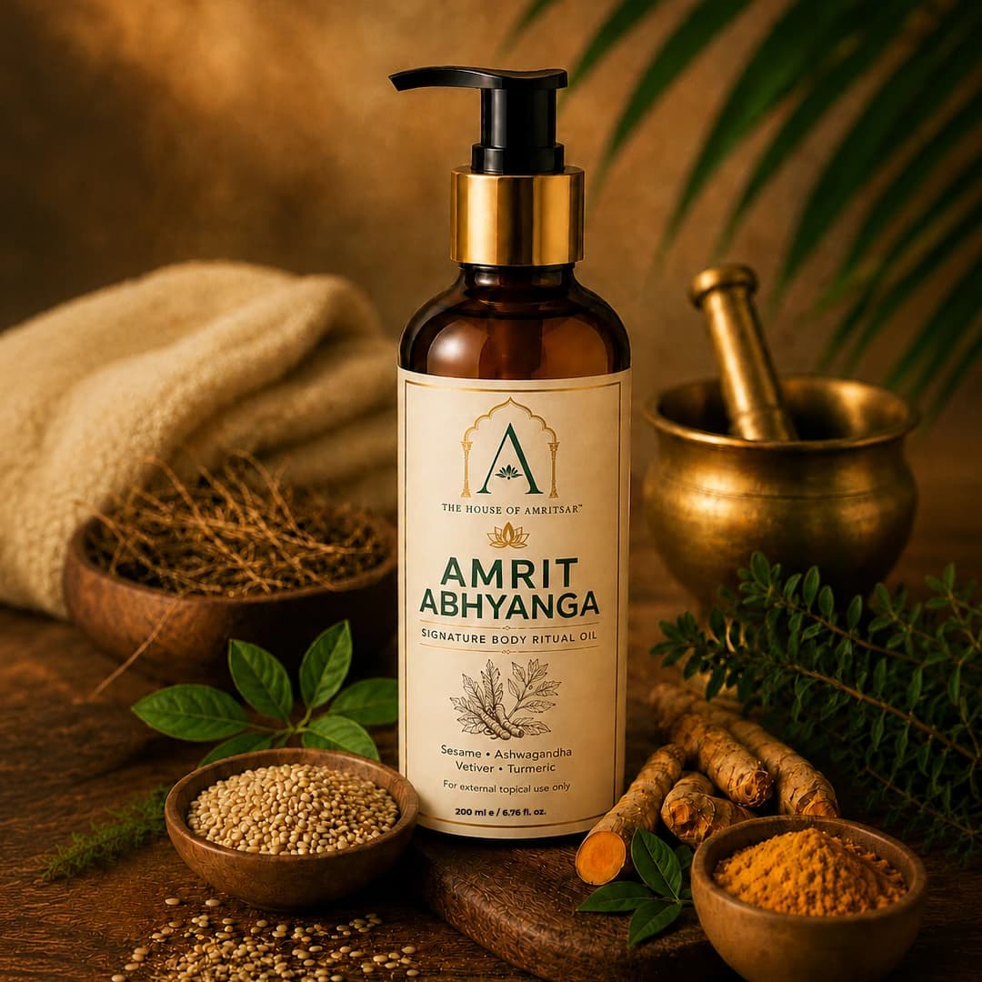 Amrit Abhyanga Signature Body Ritual Oil by The House of Amritsar, in amber glass with its signature botanicals.