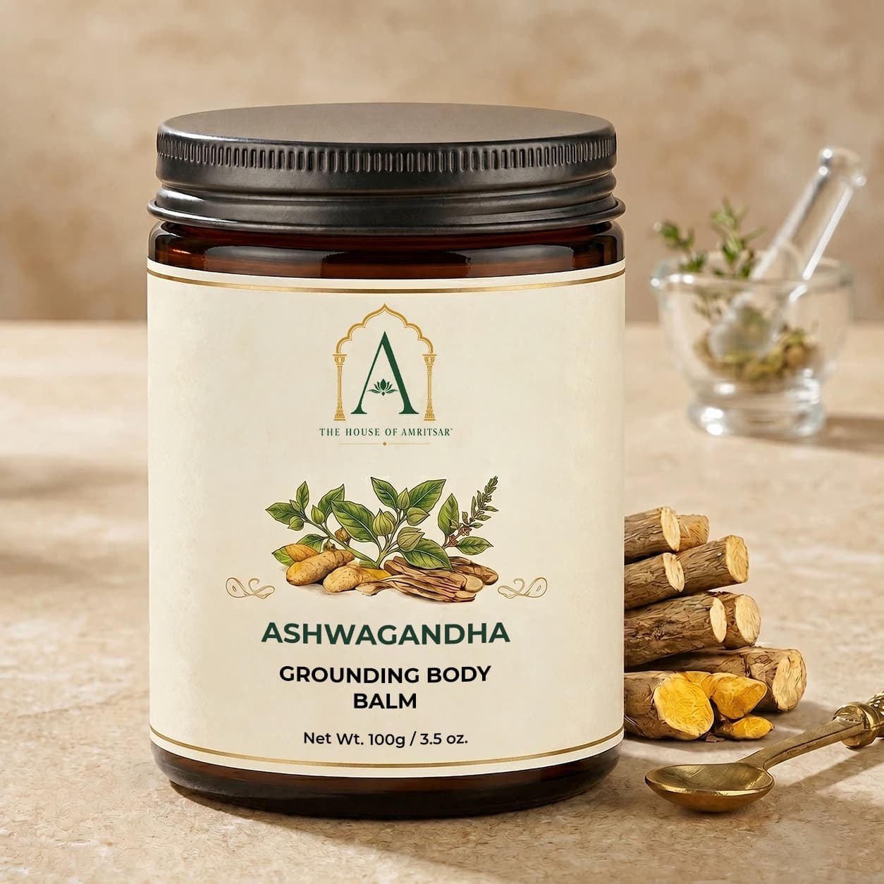 Ashwagandha Grounding Body Balm by The House of Amritsar, in amber glass with its signature botanicals.