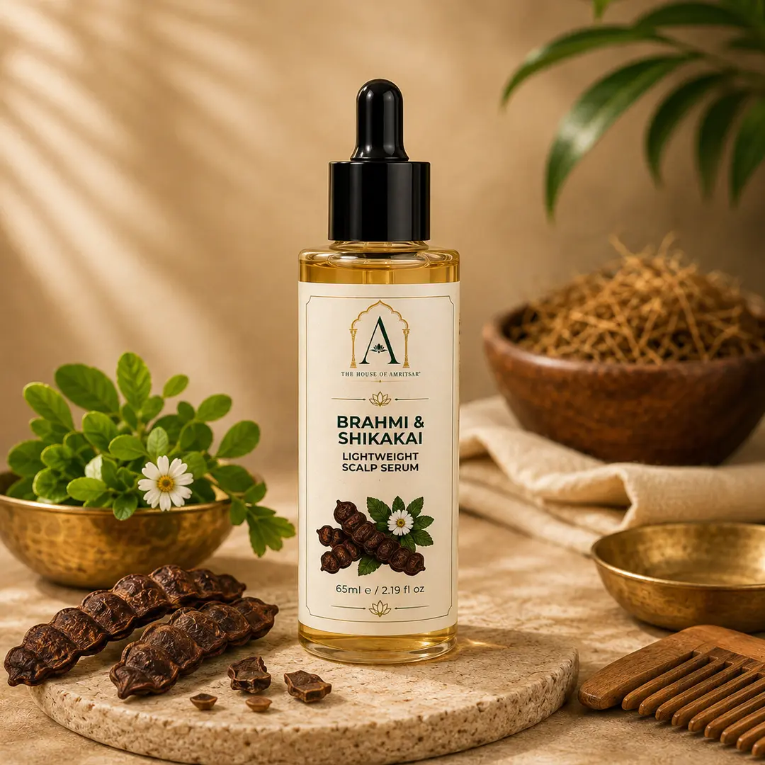 Brahmi & Shikakai Lightweight Scalp Serum by The House of Amritsar, in amber glass with its signature botanicals.