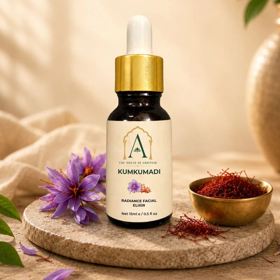 Kumkumadi Radiance Facial Elixir by The House of Amritsar, in amber glass with its signature botanicals.