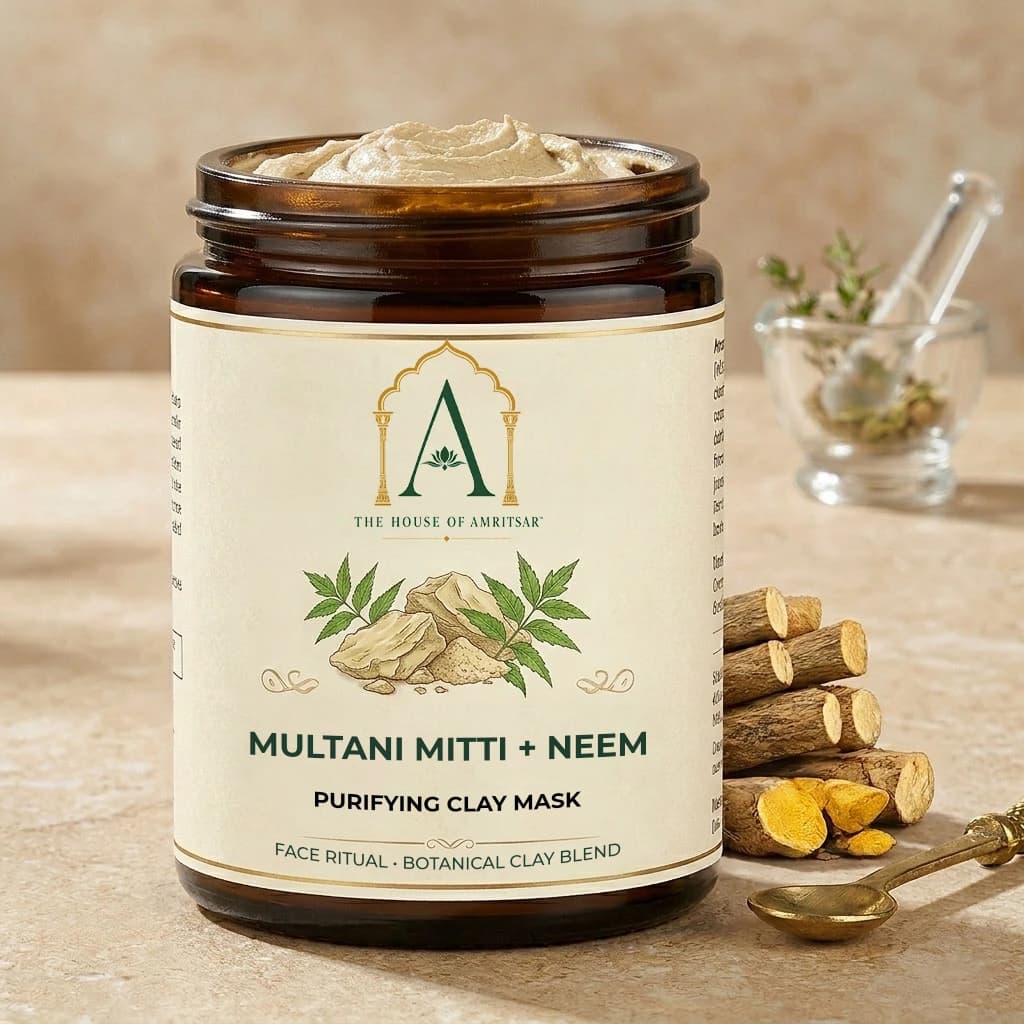 Multani Mitti + Neem Purifying Clay Mask by The House of Amritsar, in amber glass with its signature botanicals.