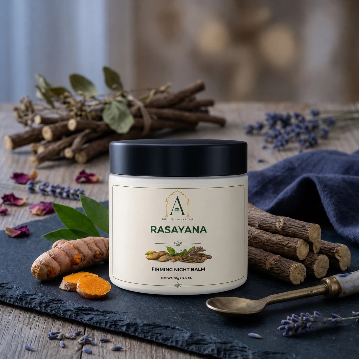 Rasayana Firming Night Balm by The House of Amritsar, in amber glass with its signature botanicals.