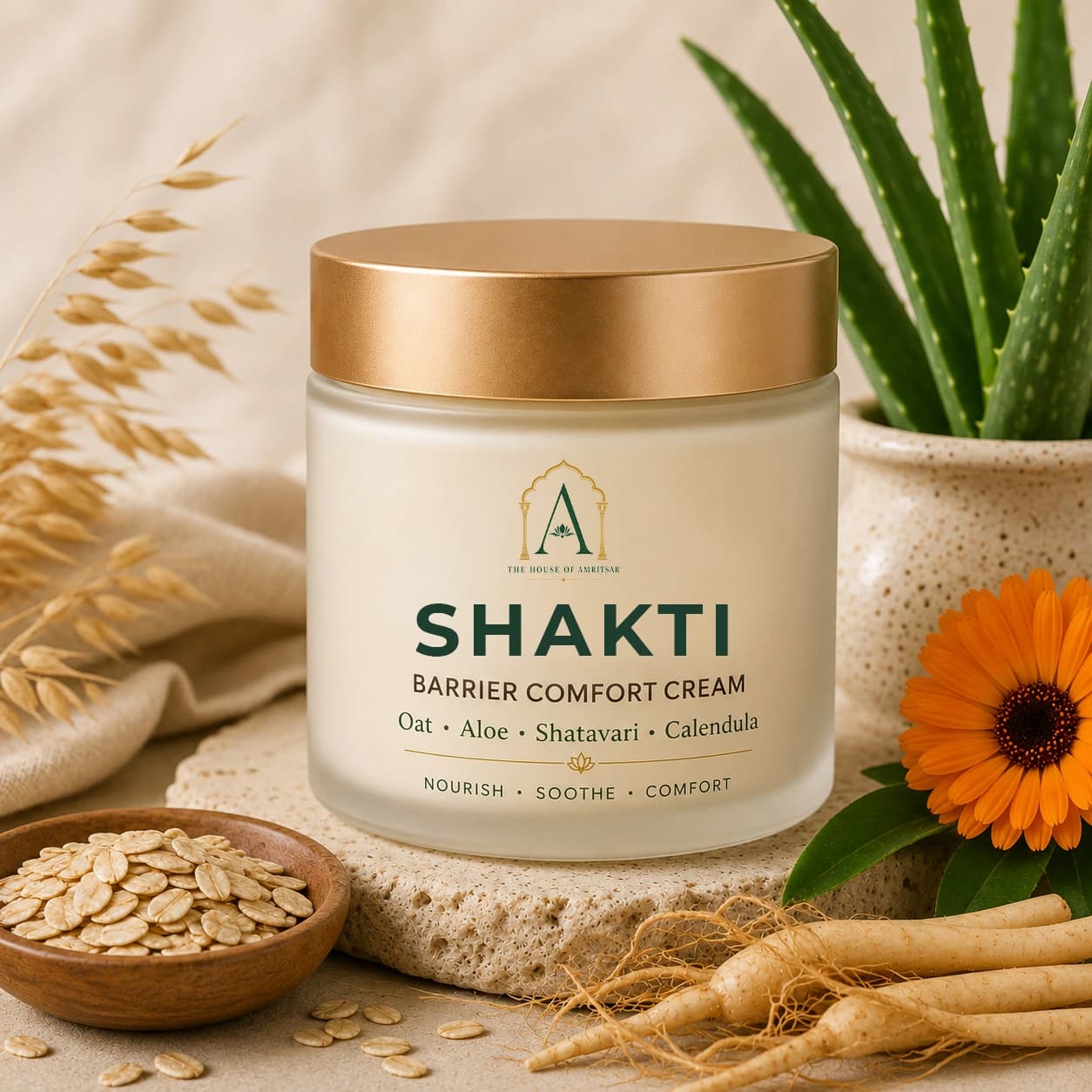 Shakti Barrier Comfort Cream by The House of Amritsar, in amber glass with its signature botanicals.